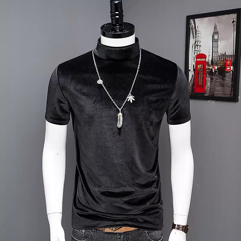 Autumn and winter warm men's gold velvet half turtleneck bottoming shirt short sleeve round neck mid collar T-shirt Slim solid color top