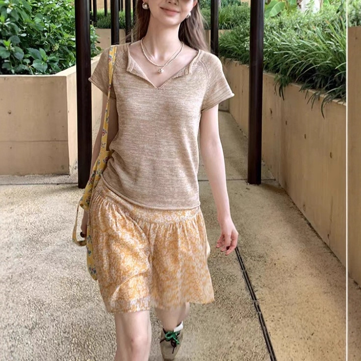 Hellooo1 Eat Versatile Tencel Linen Short-Sleeve Summer Slimming V-Neck Knit T-Shirt Top for Commuting