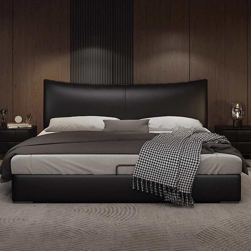 Cama de cuero, cama principal de cuero de vaca, cama de almacenamiento de tres extracciones, cama doble moderna y simple.