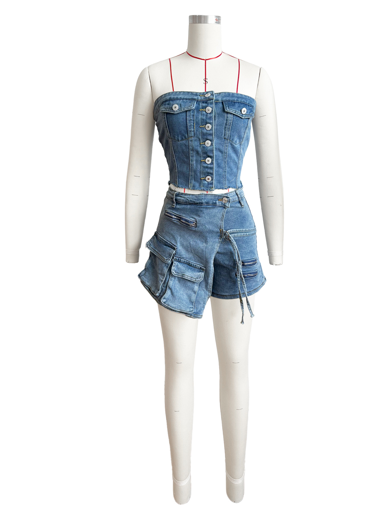 Women Wear Chest Wrapped Cargo Shorts Denim Set