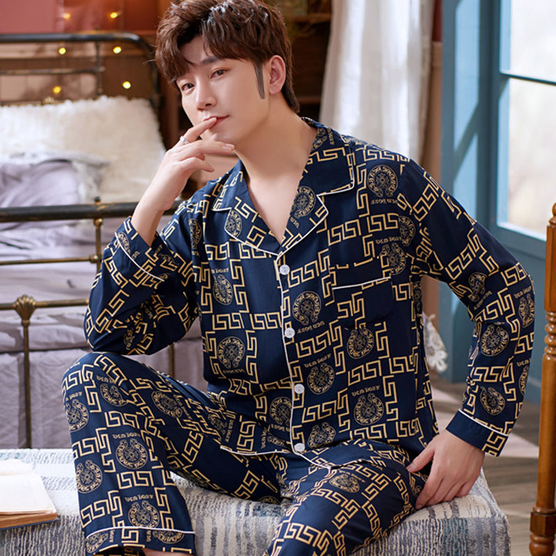 Pijamas de hombre de manga larga de primavera y otoño pijamas de hombre de primavera y verano ropa de hogar delgada pijamas de mediana edad para hombres traje de algodón de color sólido