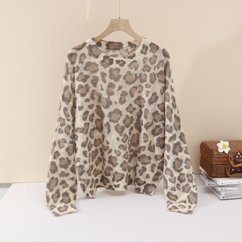 2026 New Early Autumn Loose-Fitting, Tummy-Covering, Lazy Style Leopard Print Sweater for Women, Alpaca Wool Knit Top 2026 New Early Autumn Loose-Fitting, Tummy-Covering, Lazy Style Leopard Print Sweater for Women, Alpaca Wool Knit Top