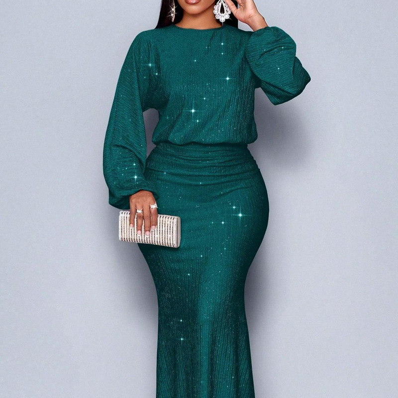 In-Stock Tk Independent Brand 2025 European and American New Fashion Beaded Long-Sleeve Mermaid Dress with Pleats and Elegant Design In-Stock Tk Independent Brand 2025 European and American New Fashion Beaded Long-Sleeve Mermaid Dress with Pleats and Elegant Design