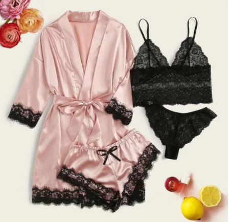 4-предметный женский комплект пижамы, европейский стиль атлас с кружевав, халат + топ-бюстье + шорты + пратические трусы, утягивающий эффект
