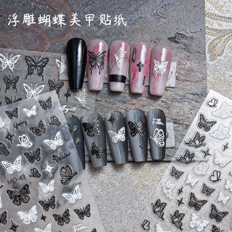 5D embossed dark wind butterfly black and white blood rose embossed thin tough adhesive hollow nail applique decoration 5D embossed dark wind butterfly black and white blood rose embossed thin tough adhesive hollow nail applique decoration