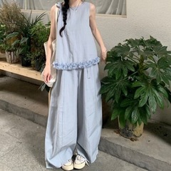 人気の快適なカジュアルスーツの女性の夏の 2025 新しいノースリーブベストトップワイドレッグパンツ 2 点セットトレンディな