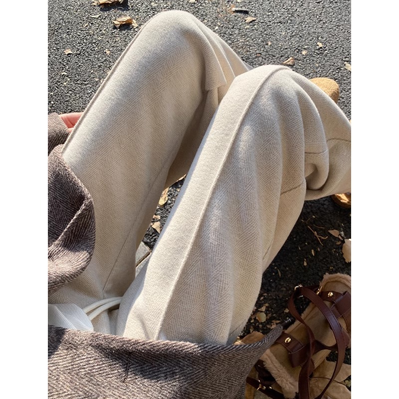 Pantalones de piernas anchas más gruesas para mujeres otoño y invierno de 2024 nuevos pantalones de cintura alta, pantalones casuales, pantalones rectos de lana a herringbone