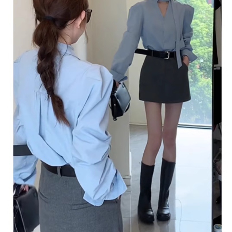 韩版设计感气质挂脖长袖衬衫+半身裙女2026年春季新款时尚套装潮