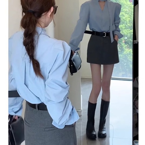 Korean-style chic halter-neck long-sleeve shirt + skirt for women, 2025 spring fashion trendy set