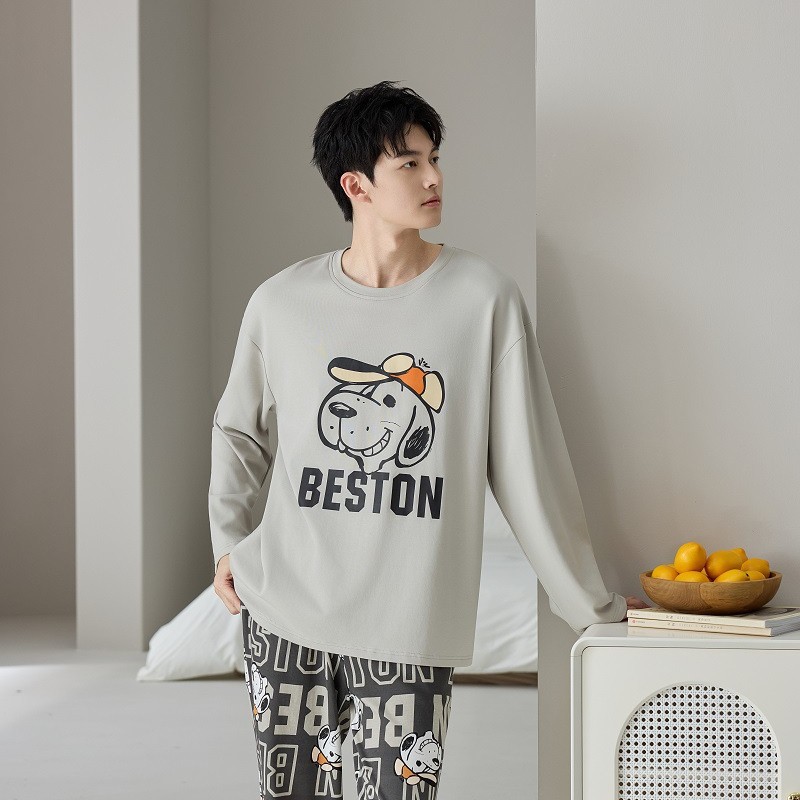 Spring and Autumn New Round Neck Men's Pajamas Cartoon Casual Pattern Long-Sleeved Trousers Suit Men Can Wear Outside Home Clothes