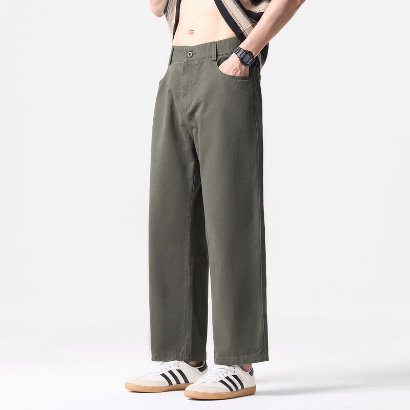 Solid color simple trendy brand daily commute pure cotton cropped pants men's trendy fashion loose wide-leg straight casual pants Solid color simple trendy brand daily commute pure cotton cropped pants men's trendy fashion loose wide-leg straight casual pants