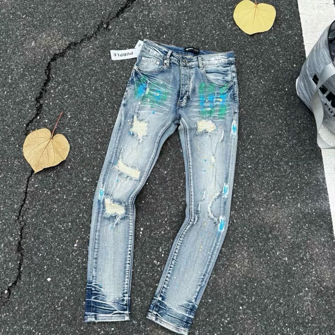Summer American New Retro Distressed Splashed Ink High Street Trendy Brand Men's Popular Slim Fit Ripped Patch Jeans