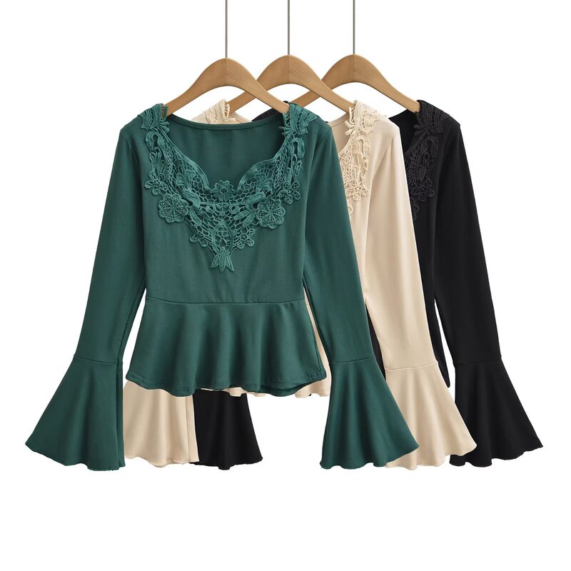 European and American Style 2026 Spring New Spicy Girl Mature Style French Ruffle Lace Splicing Long-Sleeve Top for Women