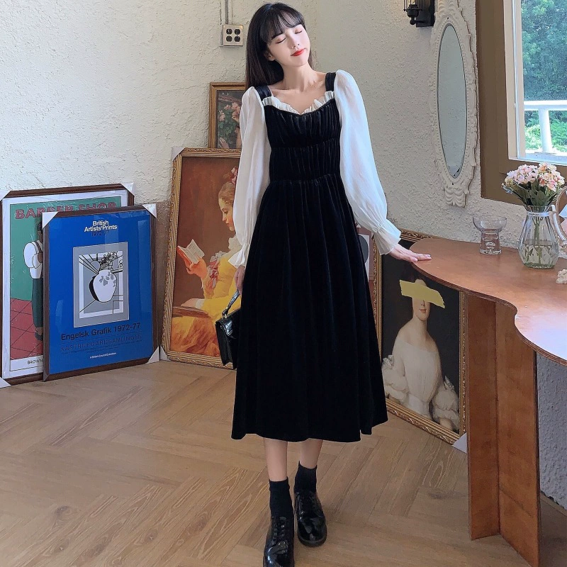 Платье 2020, новая женская бархатная юбка с квадратным воротником, золотая бархатная юбка, длинная юбка для похудения, выше нежного стиля