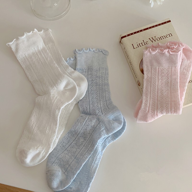 Socks Women's Mid-length Socks Ins Trendy Spring and Autumn Thin Japanese Sweet Cute Ear-edged Stockings Summer Piled Stockings