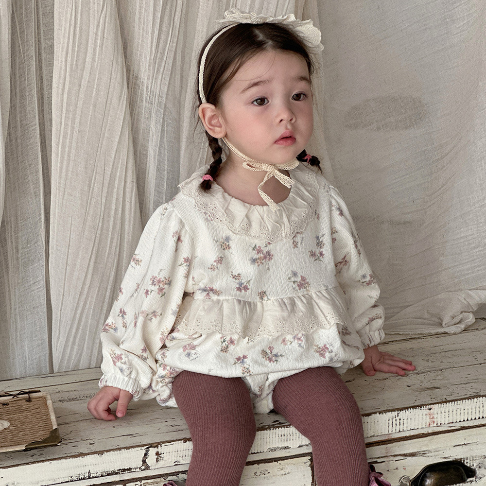 Ropa de bebé estilo otoño e invierno mameluco triangular de manga larga mono floral francés
