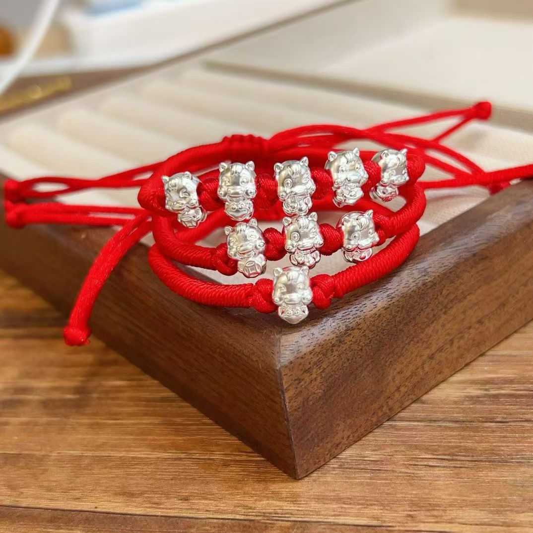 999 Pure Silver Five Blessings Horse Bracelet Red Rope Bracelet Zodiac Year Horse to Success 3D Sterling Silver Gift Wholesale