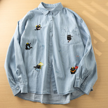 日系卡通刺绣长袖牛仔衬衫女 森女系翻领宽松休闲百搭上衣批发