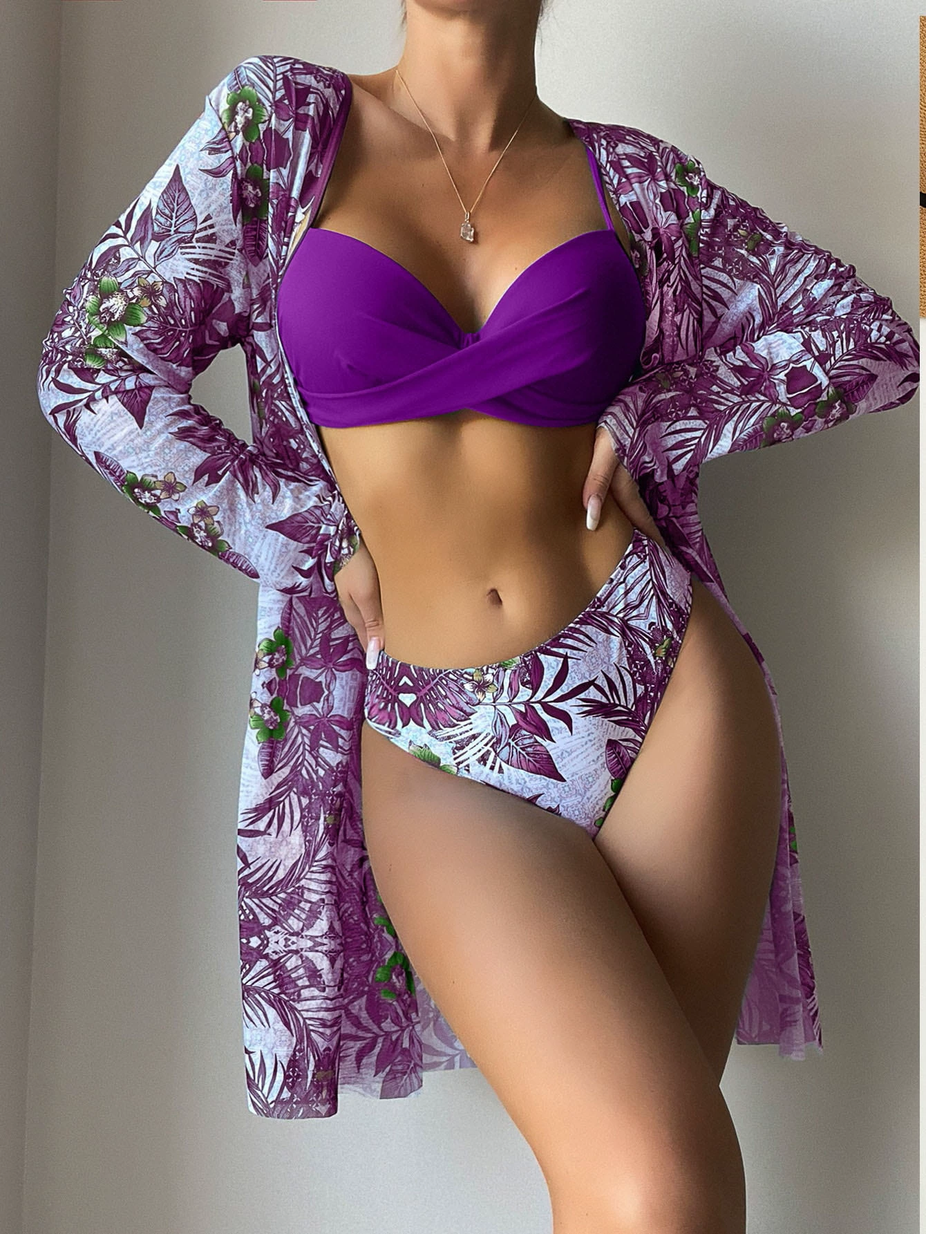Women's Swimwear 3-Piece Set, European Style, 3-PC Bikini + Cover-Up, Multiple Colors