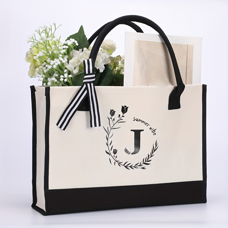 Borsa da spiaggia per la spesa portatile da donna in tela con lettere personalizzate in cotone e cuciture_voghion.com