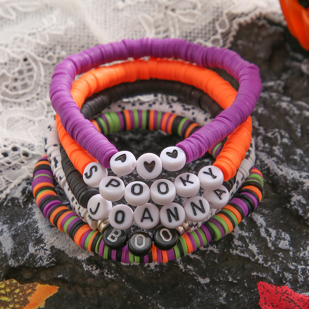 Bracelet de citrouille en perles d'Halloween, ensemble de bijoux de vacances en poterie souple, bracelet en dopamine élastique_voghion.com