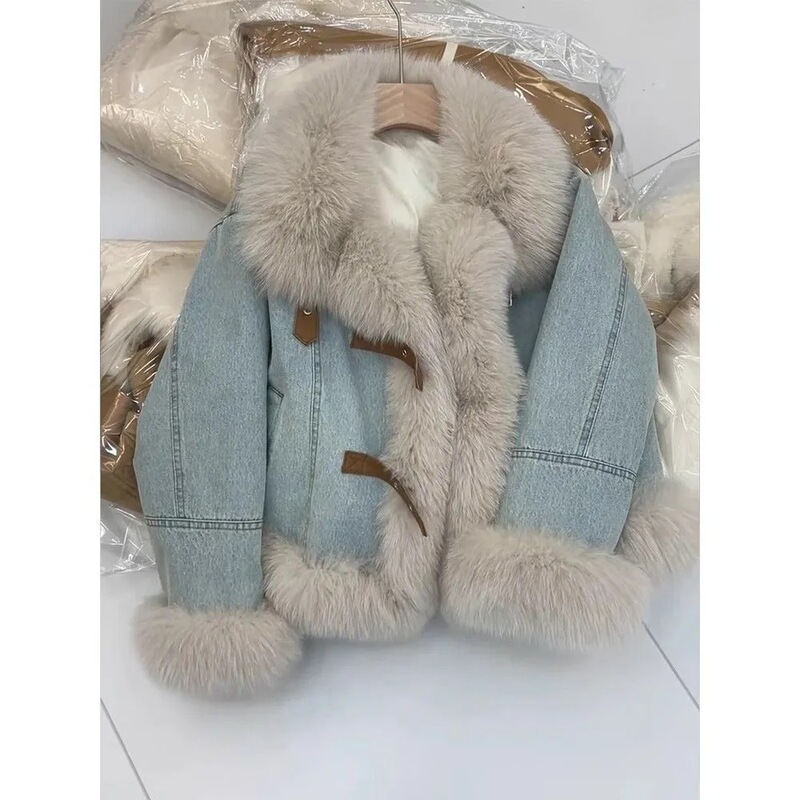 2025 Winter New Fashion Small-Sized Stylish Melard Brown Fleece-Lined Motorcycle-Style Denim Jacket for Women