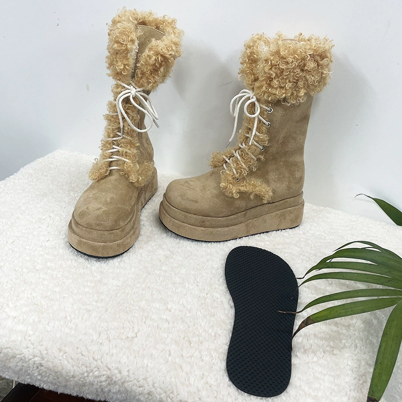 Мао Мао снег сапоги женский 2024 зимний новый ретро толстый дно коричневый вьющиеся рыцарь теплый средний ремень с двумя хлопковыми сапоги