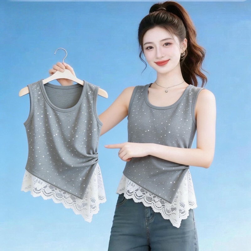 Wholesale Stylish Lace Patchwork Sequin Camisole for Women, Summer Sleeveless Super Fairy-Like and Beautiful Top, One-Piece Drop Shipping
