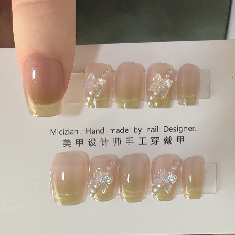 【Pearl Butterfly】Cat Eye Handmade Wearable Nail Stickers, Manicure False Nails, Shiny with Rhinestones 【Pearl Butterfly】Cat Eye Handmade Wearable Nail Stickers, Manicure False Nails, Shiny with Rhinestones