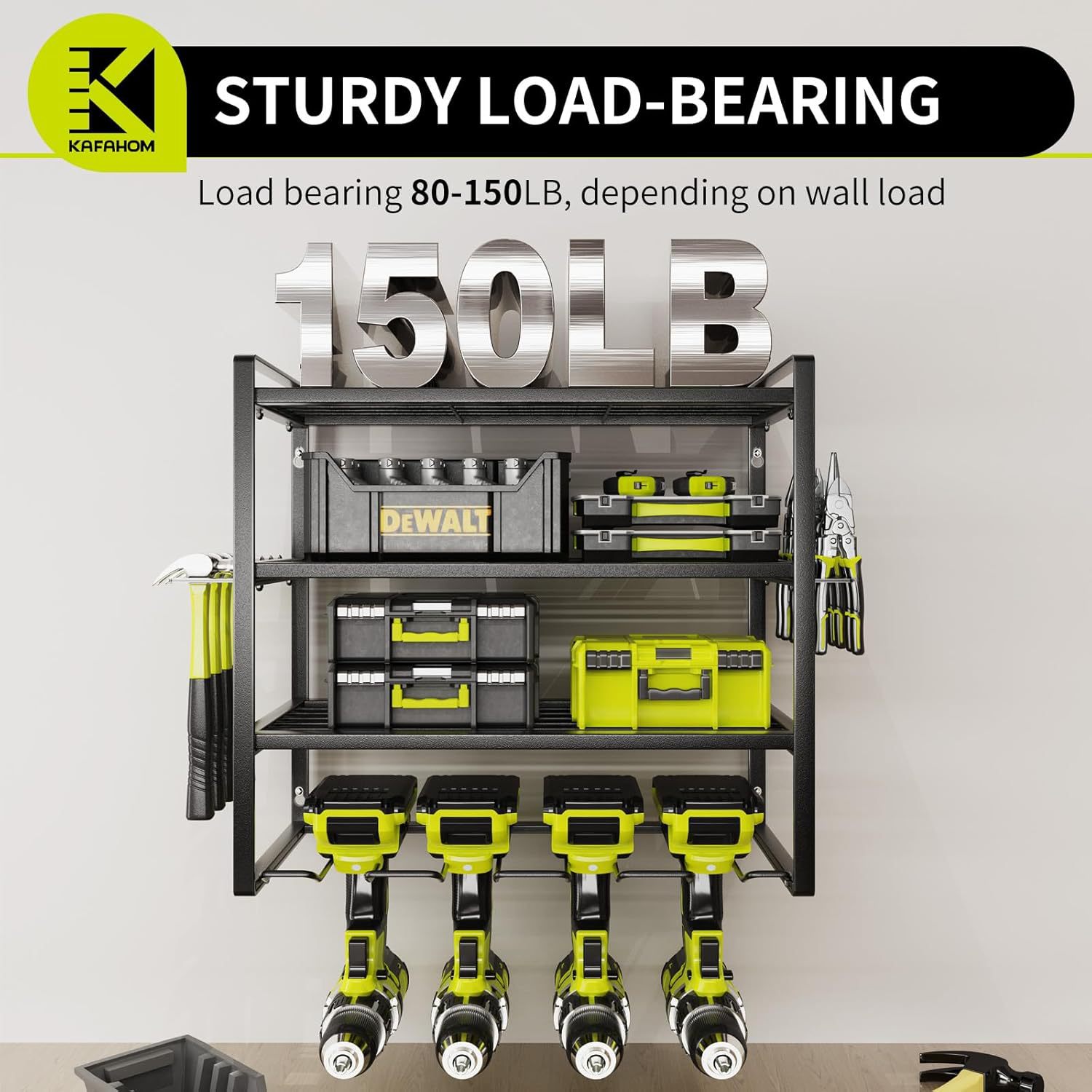 CF pared-mount 4 Tier Garage Tool Holder y estante de herramientas, negro multifuncional