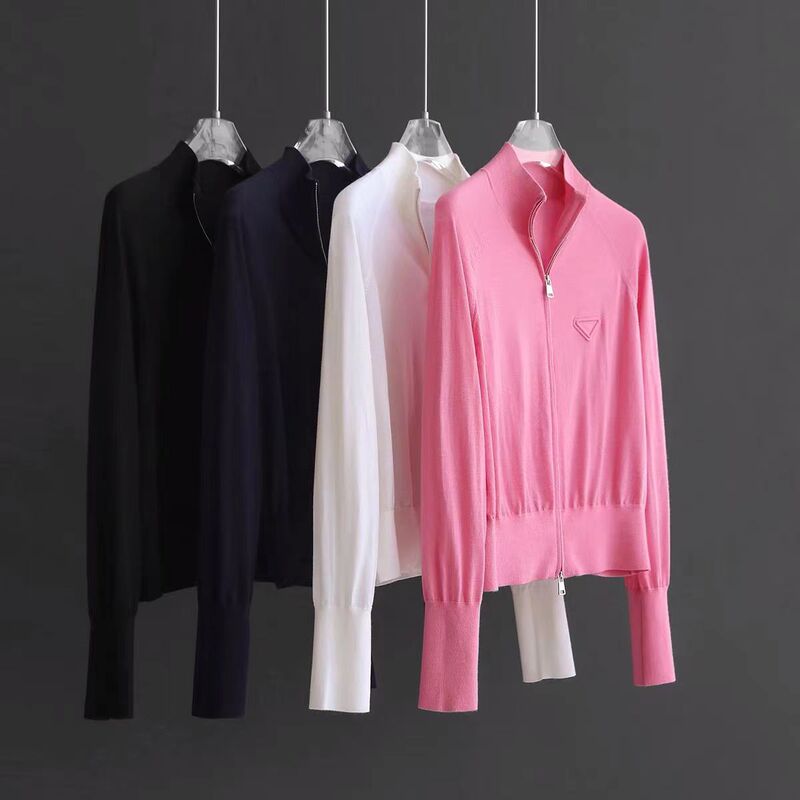 Simple triangle! Merino delicate pure wool air layer stand collar knitted zipper cardigan sweater coat women