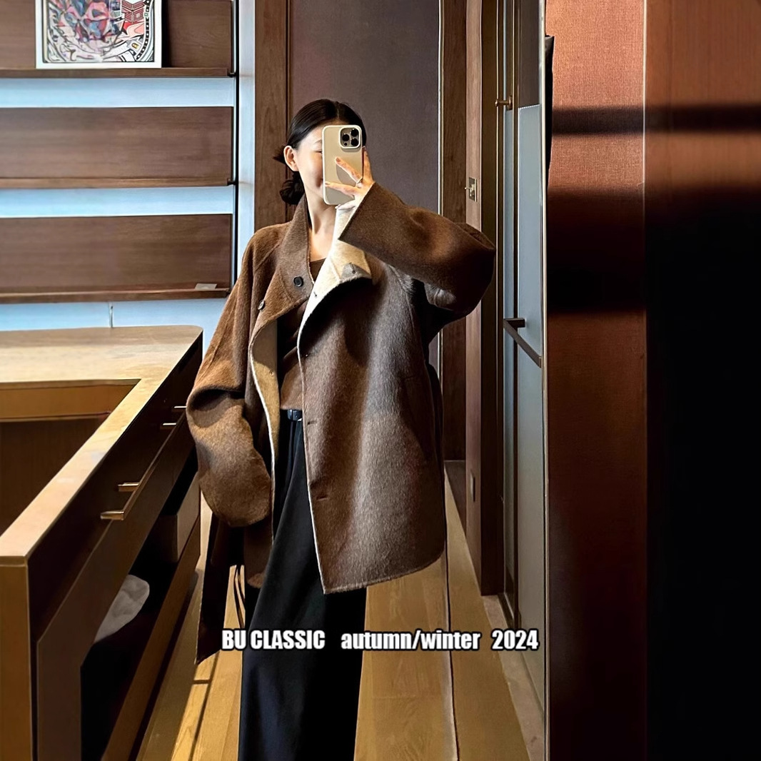 겨울 새로운 호주 양모 양면 대비 짧은 수직 칼라 코트 울 재킷 100% 울 우아한 빅 브랜드