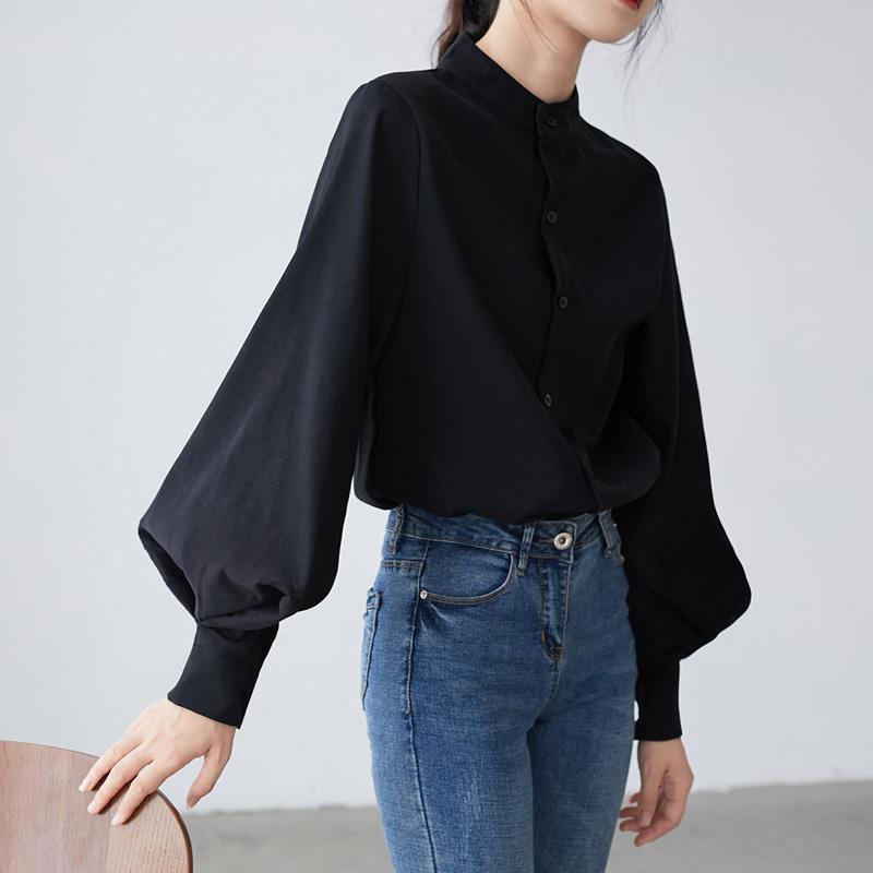 Black Stand Collar Shirt Women's Design Sense Niche Light Mature French Elegant Shirt Retro Hong Kong Style Lantern Sleeve Top Clothes Black Stand Collar Shirt Women's Design Sense Niche Light Mature French Elegant Shirt Retro Hong Kong Style Lantern Sleeve Top Clothes