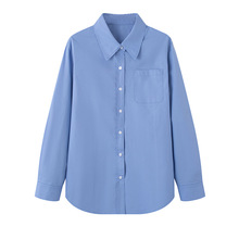 2025秋季新款时尚简约百搭POLO领蓝色长袖衬衫女5GA123041