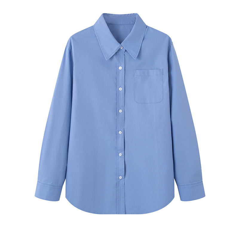 2025秋季新款时尚简约百搭POLO领蓝色长袖衬衫女5GA123041