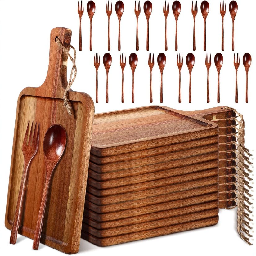 Набор разделочных досок из дерева акации Tanlade, 12 предметов, с деревянной ложкой и вилкой, кухонная разделочная доска с ручкой