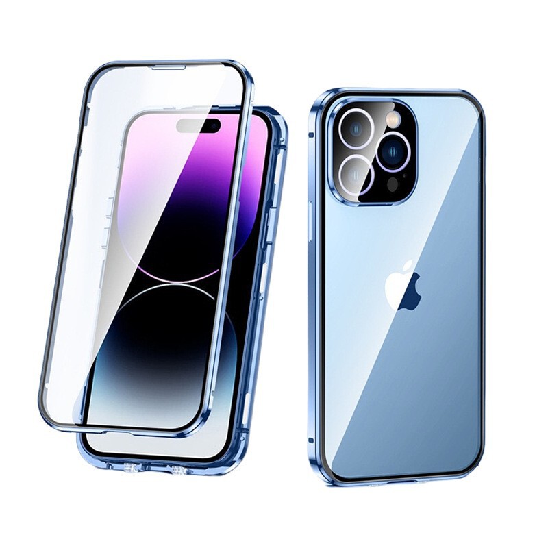 iPhone17用ケース、マグネット式、Apple 16対応、ダブルバックル、両面ガラス保護フィルム、メタル磁気吸着ケース|undefined