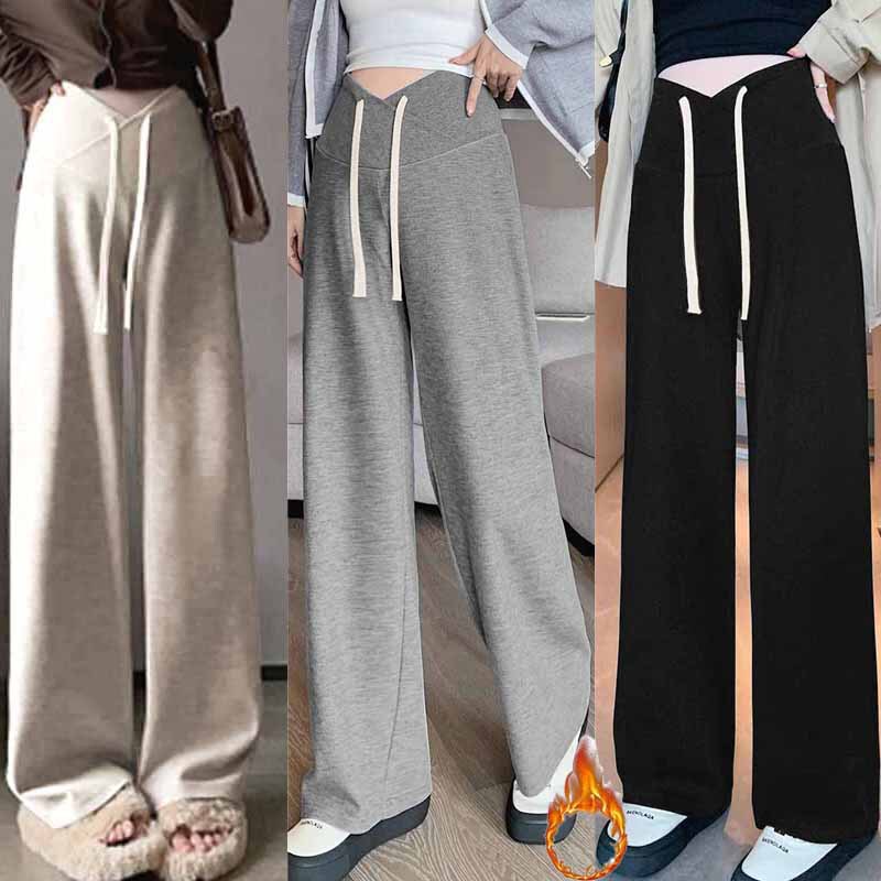 Maternity Wear Korean Version Autumn and Winter Trendy Fleece-Lined Drawstring Belly Support Pants, Suitable for Pre and Post-Pregnancy, Slimming Trendy Straight-Leg Pants
