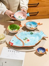 外貿原單卡通陶瓷魚盤 家用雙耳防燙蒸魚盤子 日用餐具釉下彩菜盤