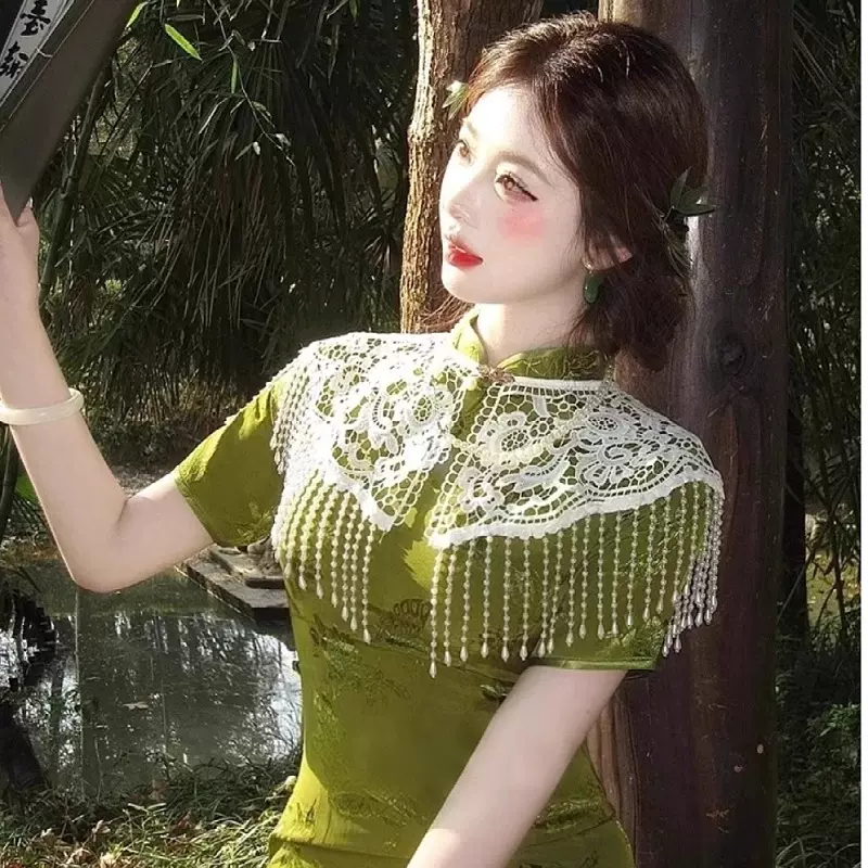 珍珠流苏旗袍云肩新中式吊坠披肩中国风汉服外搭重工复古蕾丝配饰