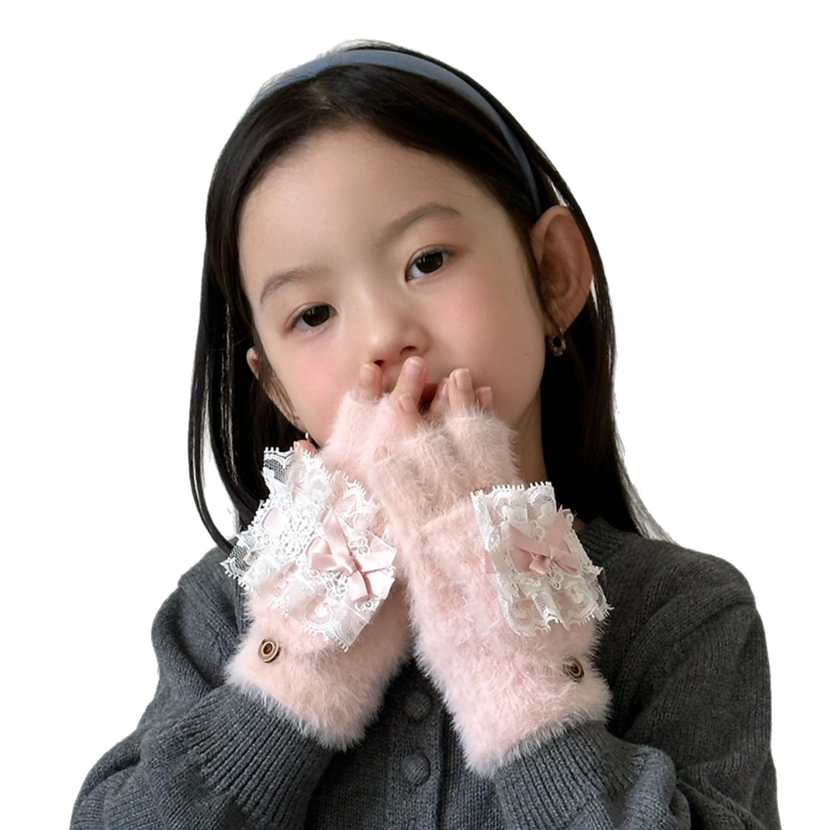 Guantes infantiles para niñas de invierno para estudiantes de primaria escritura para niñas plegable medio dedo guantes móviles peluche 2025 nuevo
