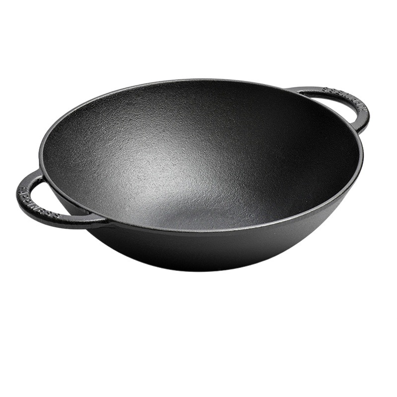 Pequeña felicidad 30cm wok hogar de hierro fundido solo wok tradicional engrosada sartén de hierro fundido sin recubrimiento físico sartén antiadherente