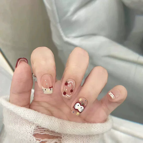 Children's Wearable Nails Super Cute Apple Kitty Whitening Manicure Removable Short Nails Handmade Sweet Girl Ins Hand-Painted