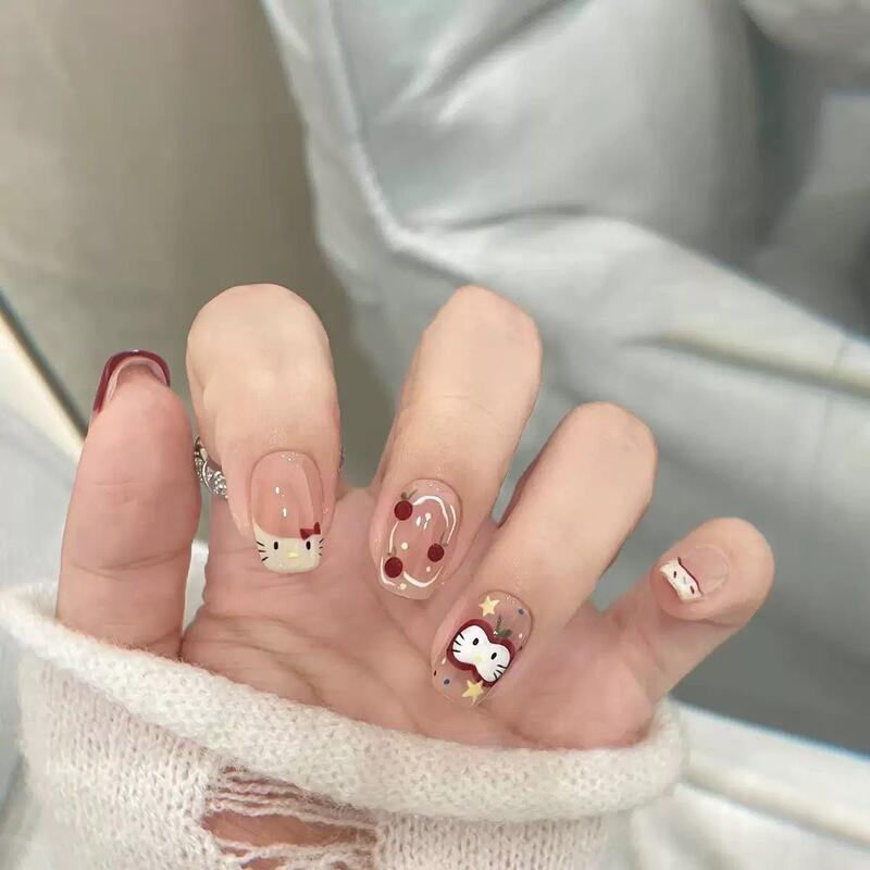 Children's Wearable Nails Super Cute Apple Kitty Whitening Manicure Removable Short Nails Handmade Sweet Girl Ins Hand-Painted Children's Wearable Nails Super Cute Apple Kitty Whitening Manicure Removable Short Nails Handmade Sweet Girl Ins Hand-Painted