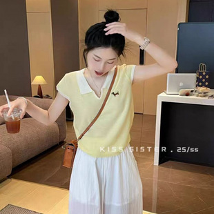Korean Style Polo Collar Right Shoulder Short-Sleeved Women's T-Shirt 2025 New Summer Blue Ice Silk Knitwear Super Nice Top