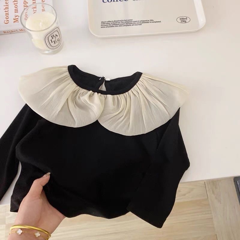 韓国風春秋女児服Tシャツベビーファッショナブルな大きなラペル子供用蓮の葉襟ファッショナブルなネットセレブインスタイルボトリングシャツ|undefined