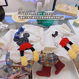 韩版亲子服装新款立体玩偶米奇卡通印花百搭纯棉短袖休闲T恤上衣