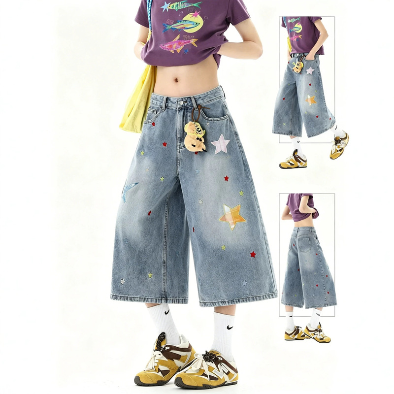 American-Style Star Embroidery Cropped Jeans for Women, Summer High-Waisted, Petite, Loose Fit, Slimming, Casual Wide-Leg Straight Shorts