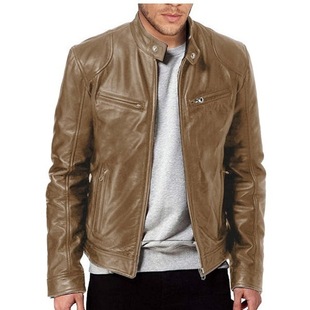 Foreign Trade Winter Business Gentleman Warm Zipper Cardigan Pocket Decorative PU Leather Clothing Vertical Collar Slim Leather Jacket P55