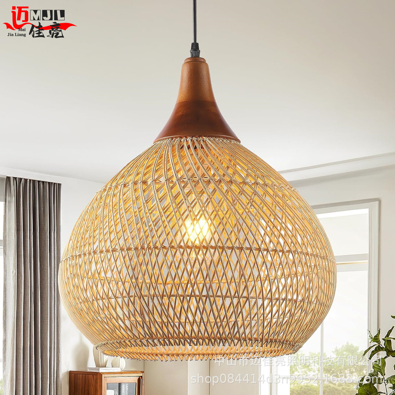 American-Style Wabi-Sabi Rattan Single-Head Pendant Light, Rustic Dining Room Rattan Art, Vintage Hand-Woven Wicker Pendant Light